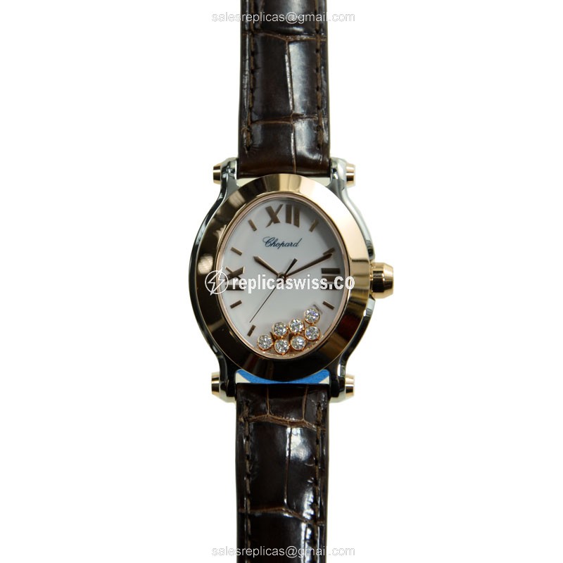 Chopard Happy Sport Quartz 18kt Rose Gold & Steel - Automatic - White Dial - Brown Alligator Strap